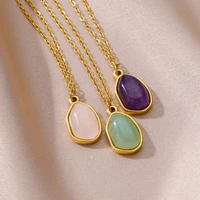 Collier ovale en pierre colorée pour femmes, en acier inoxydable, couleur or, opale verte, pendentif, bijoux esthétiques, Gif 5