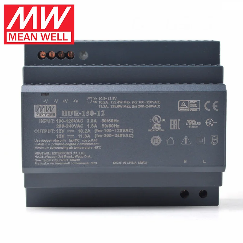 MEAN WELL DIN 레일 전원 공급 장치, HDR-15 HDR-30 HDR-60 HDR-100 HDR-150, Meanwell 슬림 LED 드라이버 HDR-150-24, 5V, 12V, 15V, 24V,
