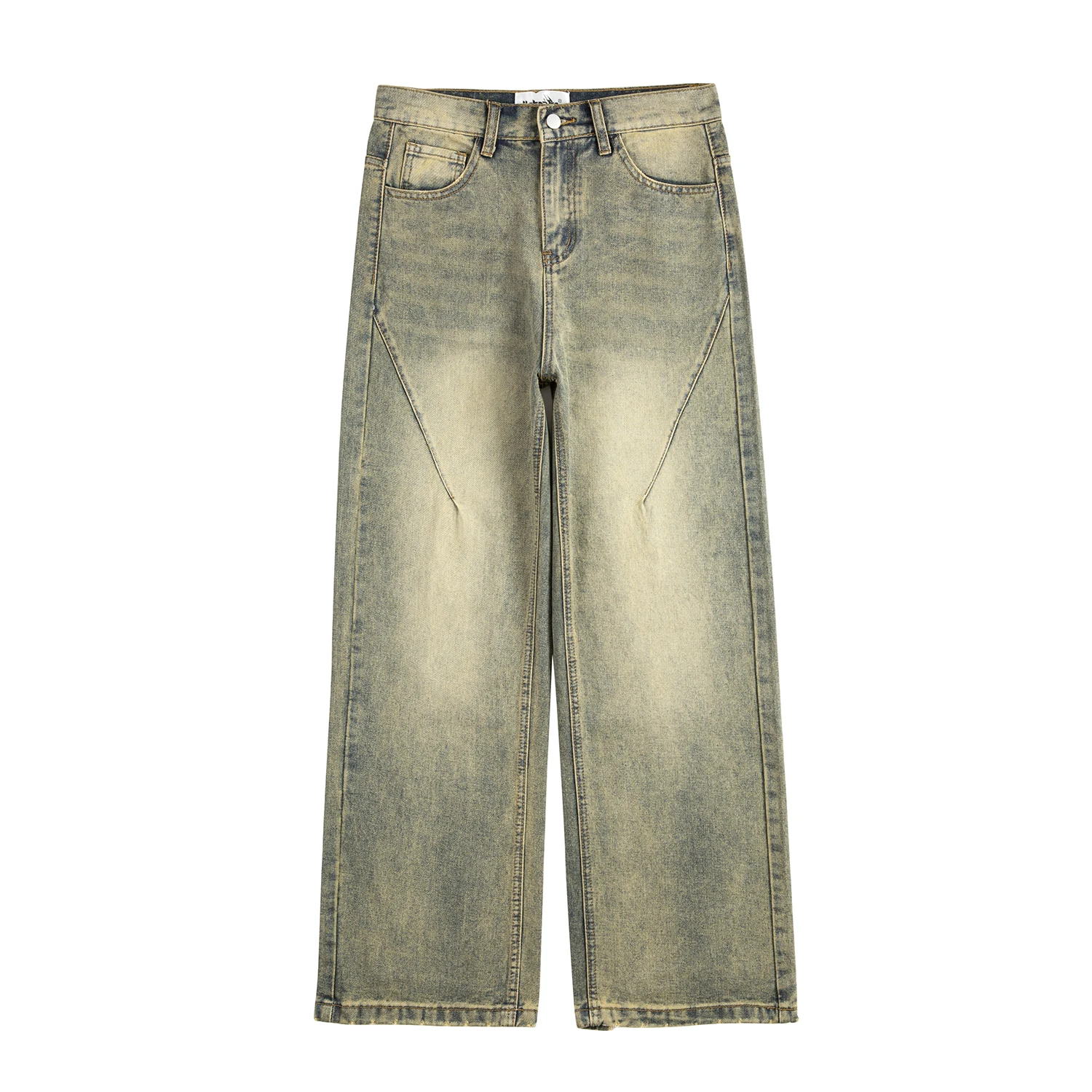 【YOURNUS】 Yello Vintage Washed Wide Denim Vintage Oversized Split Deconstructed Men Wide Jeans Baggy