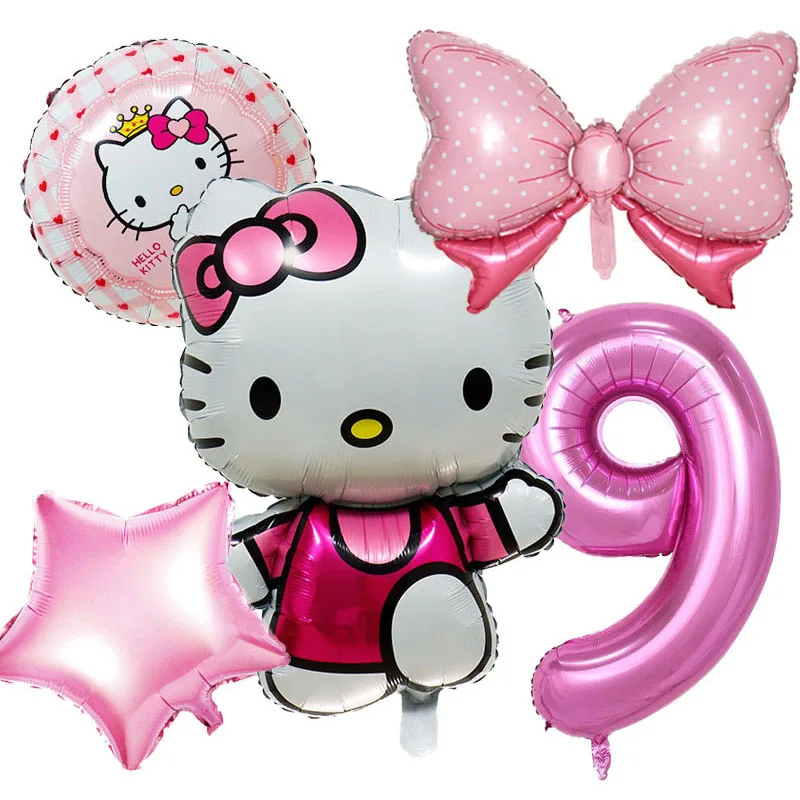thumbnail image 1 of Juego de 5 globos con números de Hello Kitty para decoración de fiestas de cumpleaños, globos digitales Kawaii Anime Sanrio, suministros para fiestas infantiles, 1 of 5