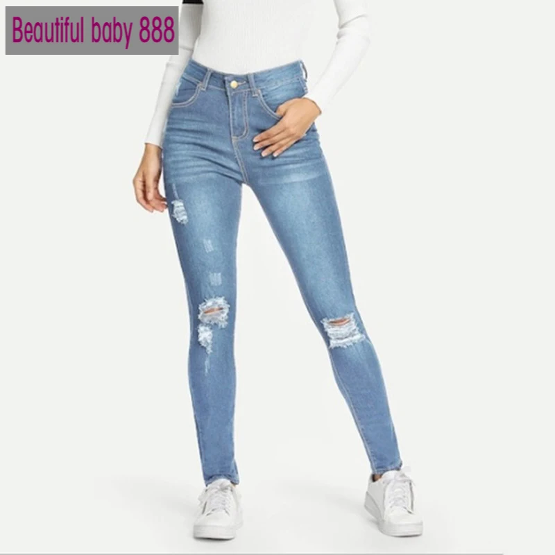 2020 Womens Gradient Long Ripped Jeans For Women With Washed And