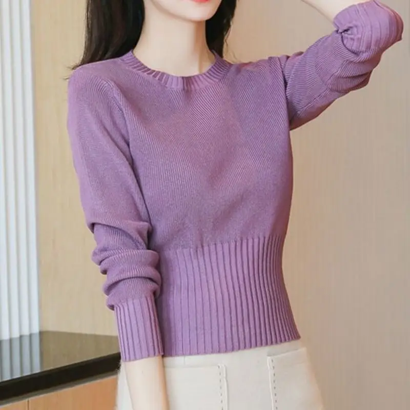 

Autumn Long Sleeve Sweater Women's Solid Color Slim Fit High Waist Small Short Pullover Top Versatile Round Neck Underlay Knit