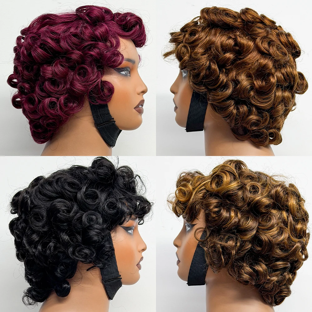 Bouncy Curly Short Human Hair Wigs Glueless Wigs With Bang Full Machine Made Loose Texture Wig Pixie Cut Bob Wig For Women