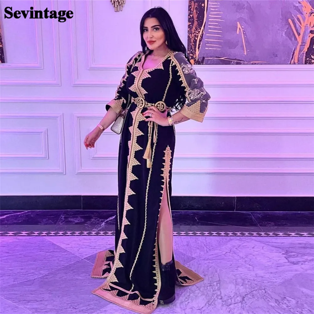 

Sevintage Elegant Black Arabic Mermaid Evening Dresses V-Neck Appliques Lace Prom Gowns Side Floor Length Algerian Outfits 2024
