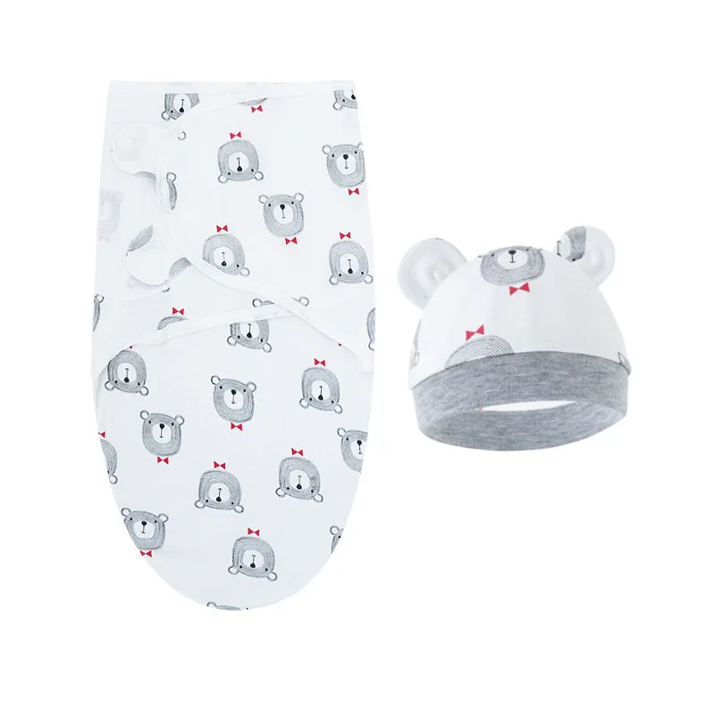 Baby Blanket Hat Set Cartoon Printed Cotton Newborn Swaddle Adjustable Infant Sleeping Swaddle Wraps All Seasons 0-6 Months 6