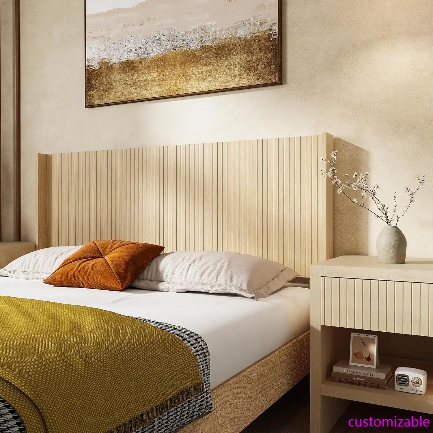 Wood Queen Headboard Only, Wooden Boho Farmhouse Fluted Headboard Queen Size,Wall Mounted Natural Oak with Wingbacks for Bedroom