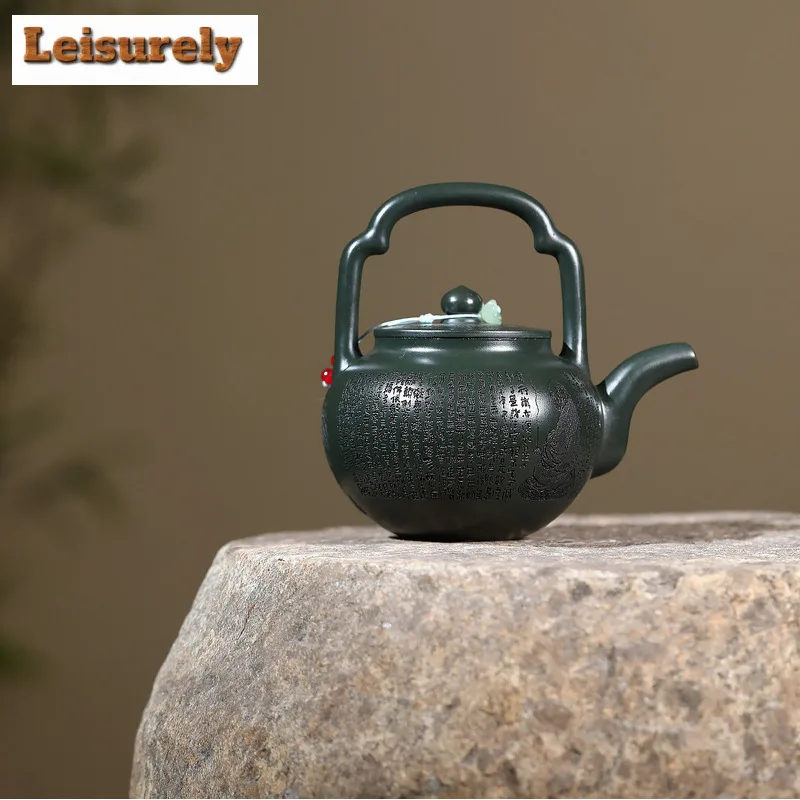 420ml Luxury Yixing Purple Clay Teapots Handmade Lifting Handle Pot Raw Ore Blackish Green Mud Tea Making Kettle Zisha Tea Set