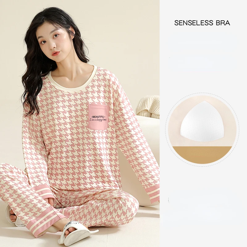 Cotton Sleepwear Spring Autumn Chest Pads Long Sleeve Pullover Pants Pajama Sets Homewear Kawaii Clothees Loungewear Two Piece