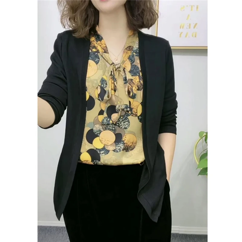 Women's Clothing Bow Lace Up Print Patchwork Blouse Spring Autumn Casual Long Sleeve Loose Ladies Tops Blusas Mujer De Moda 2023