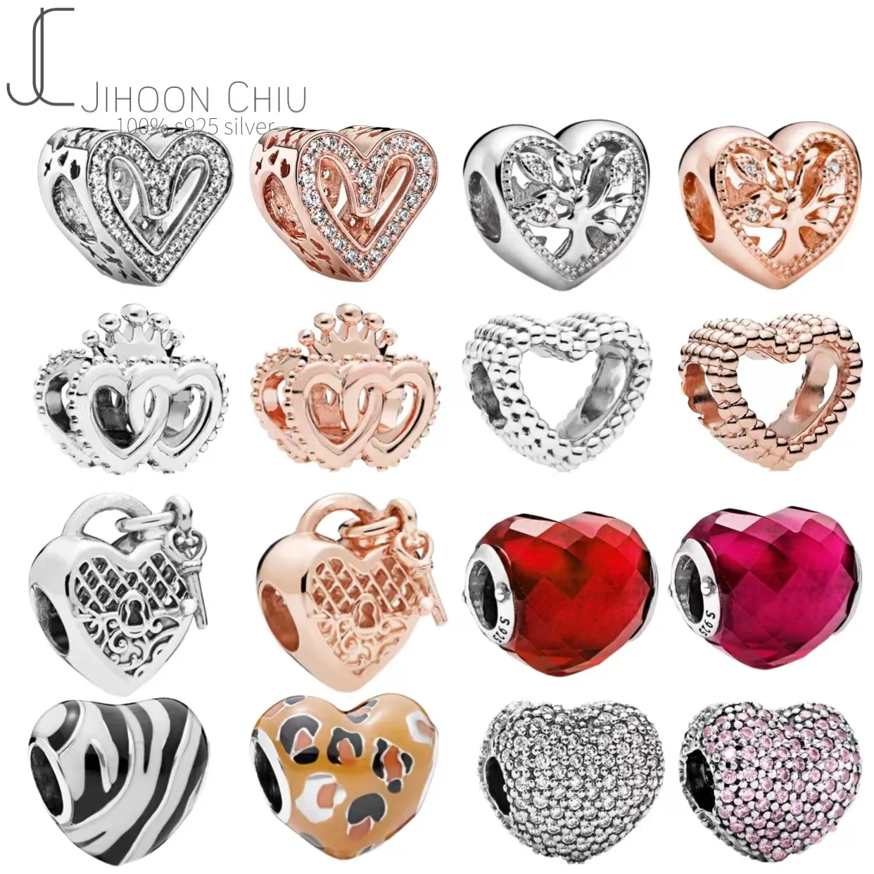 

New 925 Sterling Silver Crystal color Love heart Pan Bead Charms Fit Original charm Bracelets for Women DIY Jewelry