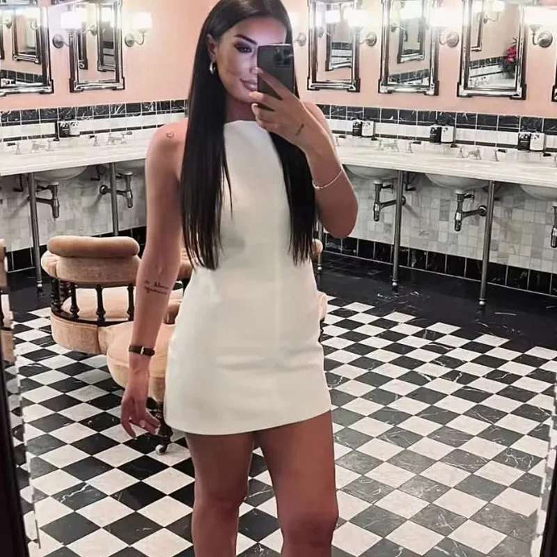 TRAF New White Black Dress Women Off Shoulder Halter Short Dresses Summer Elegant Party Dresses Bodycon Red Blue Mini Dress 4