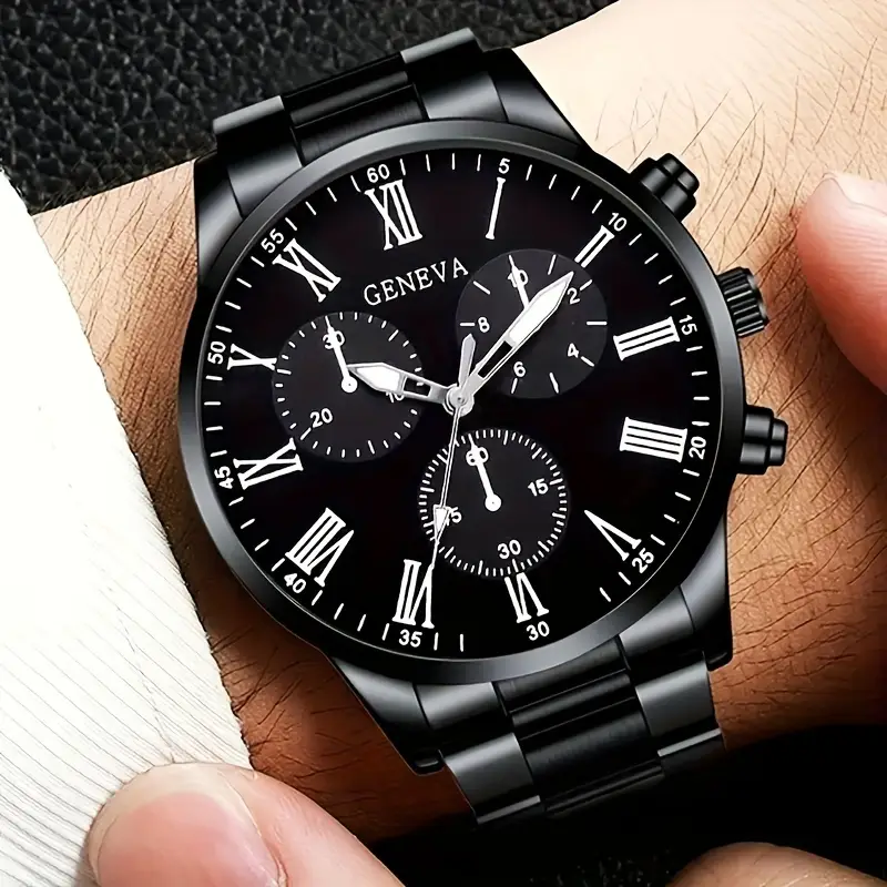 4pcs/1pcs fashionable men's quartz watch - stainless steel strap, round zinc alloy case, electronic sports - Image 2