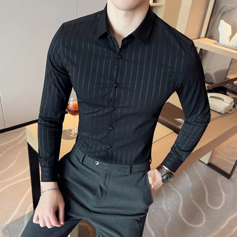 

High-End Stripe Retro Shirts 2024 Spring/Summer Long Sleeve Casual Business Dress Men British Style Slim Fit Social Tuxedo Shirt