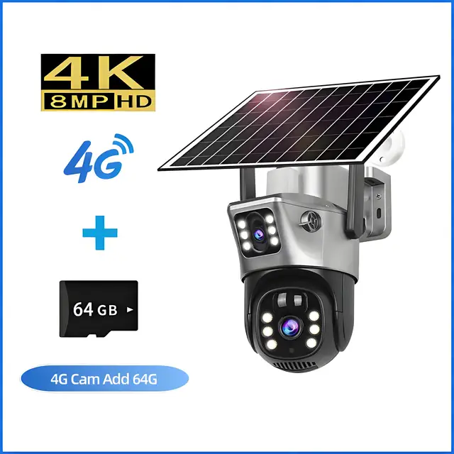 4K 8MP 4G Sim Solar Camera Outdoor Dual Lens Wireless WiFi Surveillance IP Camera PIR Human Detection Solar Security CCTV Cam