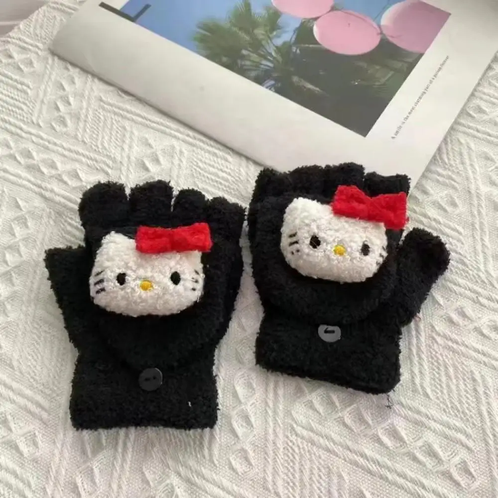 Cinnamoroll Anime Sanrio Kuromi Plush Flip Warm Outdoor Cold Proof Cover Gloves Exposed Fingers Mobile Touch Screen Gloves 5-16Y
