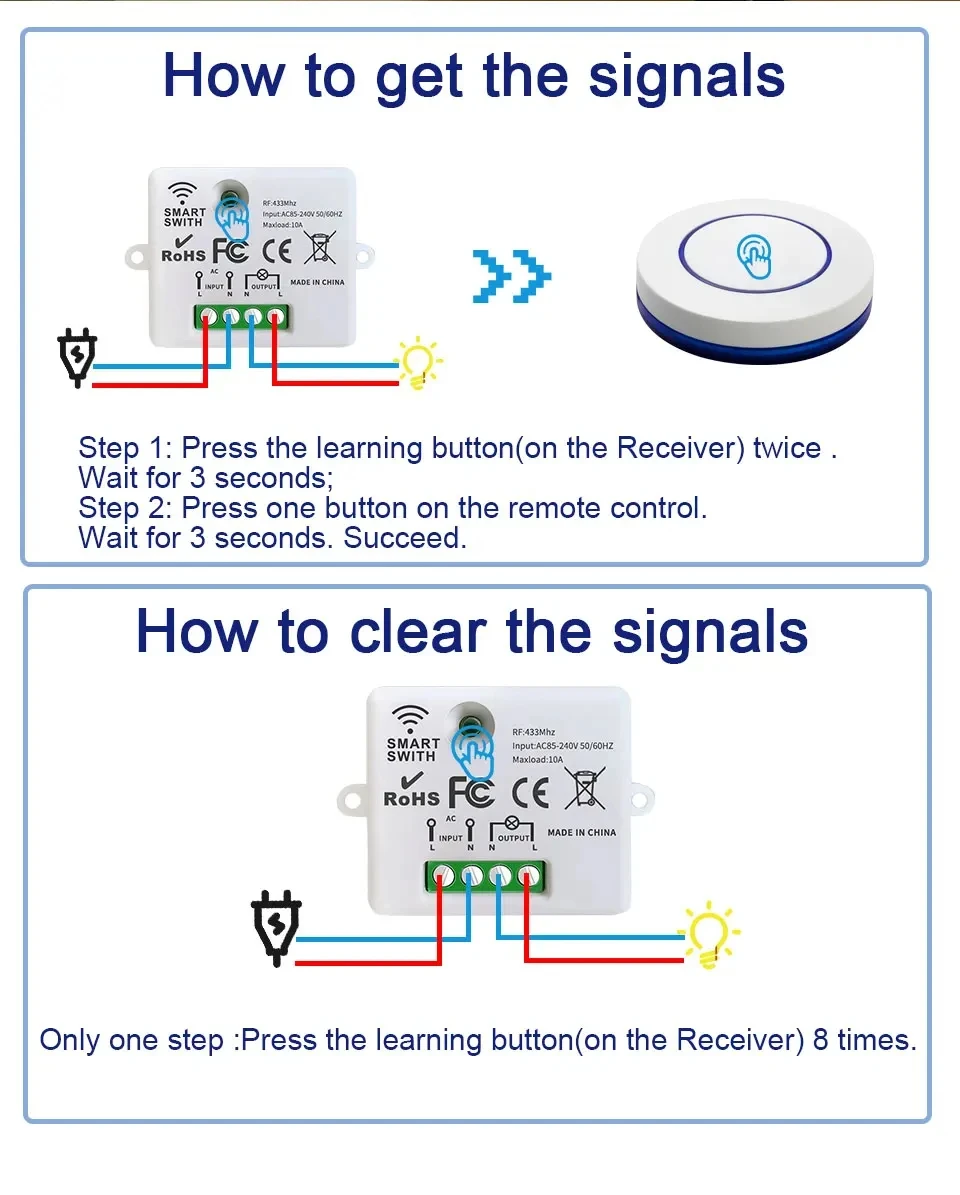 Description Picture 6 of itemRF 433MHz Wireless Remote Control Light Switch 220V 110V 10A Relay Controller Mini Round Button Wall Panel For Lighting Led