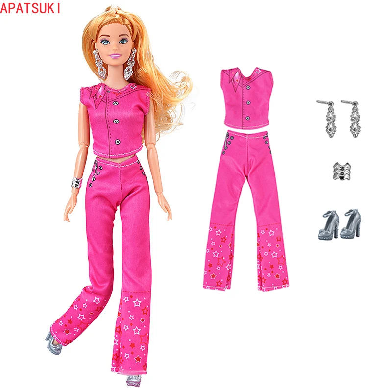 Film Hot Pink Fashion Clothes Set Per Barbie Doll Top Pantaloni Scarpe Grigie Orecchini Bangle Abiti 1/6 Accessori Per Bambole Giocattoli