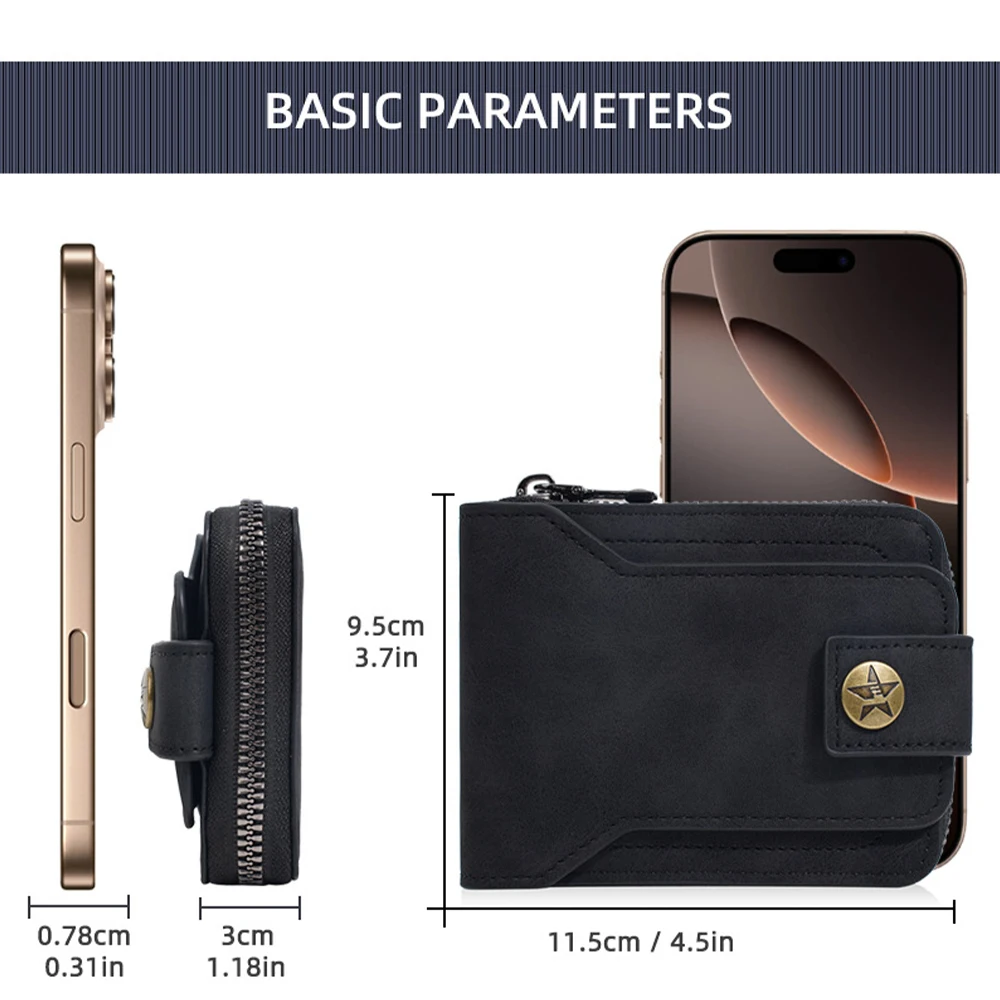 1Pcs Men's Multifunctional Short Wallet Zipper Closure Multiple Card Slots Large Capacity Coin Pocket Star Clasp