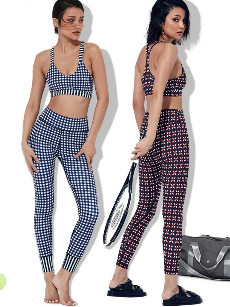 Print Yoga Clothing Suit Women High Waist Hip Fitness Pants Shockproof Bra Sports Two Piece Sportswear Sets Ladies
