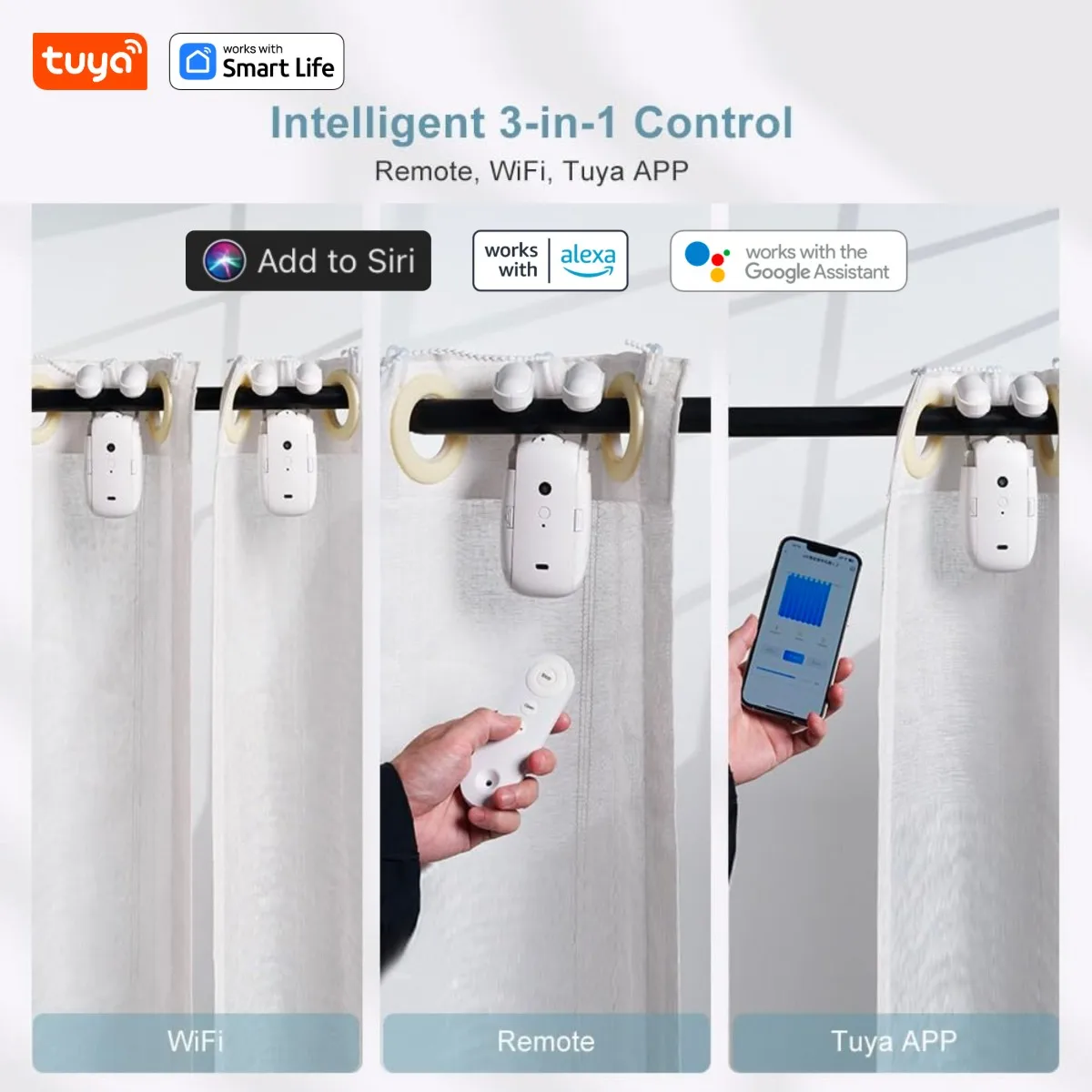 Robot per tende intelligenti Tuya, controllo intelligente dell'app Tuya 3 in 1/telecomando/controllo vocale (Alexa Google Siri) per binario con asta romana - immagine 3
