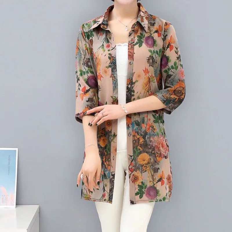 Summer New Printing Mid Length Shirt Tops 3/4 Sleeve Polo Neck Loose Plus Size Blouse Vintage