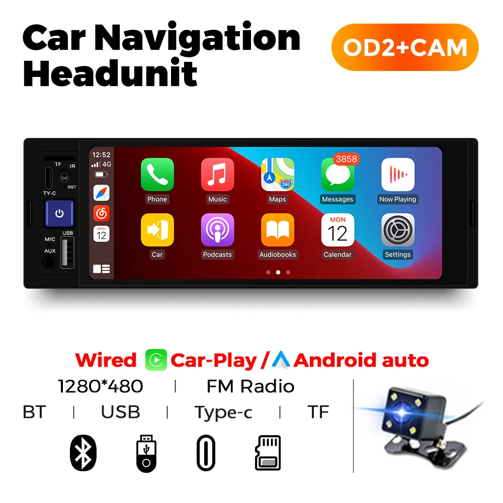 Autoradio Bluetooth 1 Din Avec Apple Carplay Android Auto, 6,86 Pouces Écran Tactile Lecteur MP5 Radio Avec Bluetooth FM Lien Miroir SWC EQ USB Lumières Multicolores + Caméra Arrière