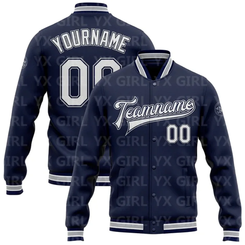 Custom Navy White-Gray Bomber Full-Snap Varsity Letterman Jacket Baseball Button Jacket