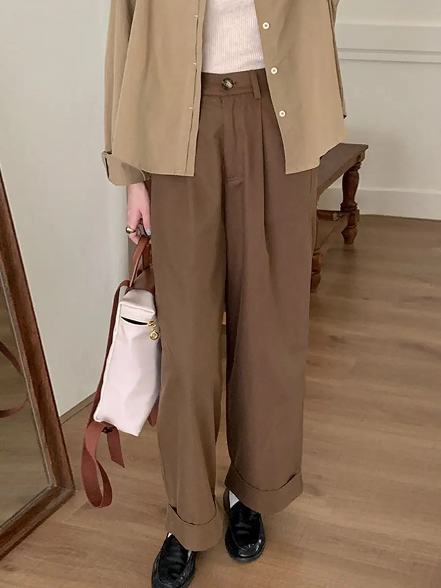 

Брюки женские универсальные с завышенной талией, повседневные модные однотонные свободные прямые элегантные брюки с широкими штанинами для офиса, на осень