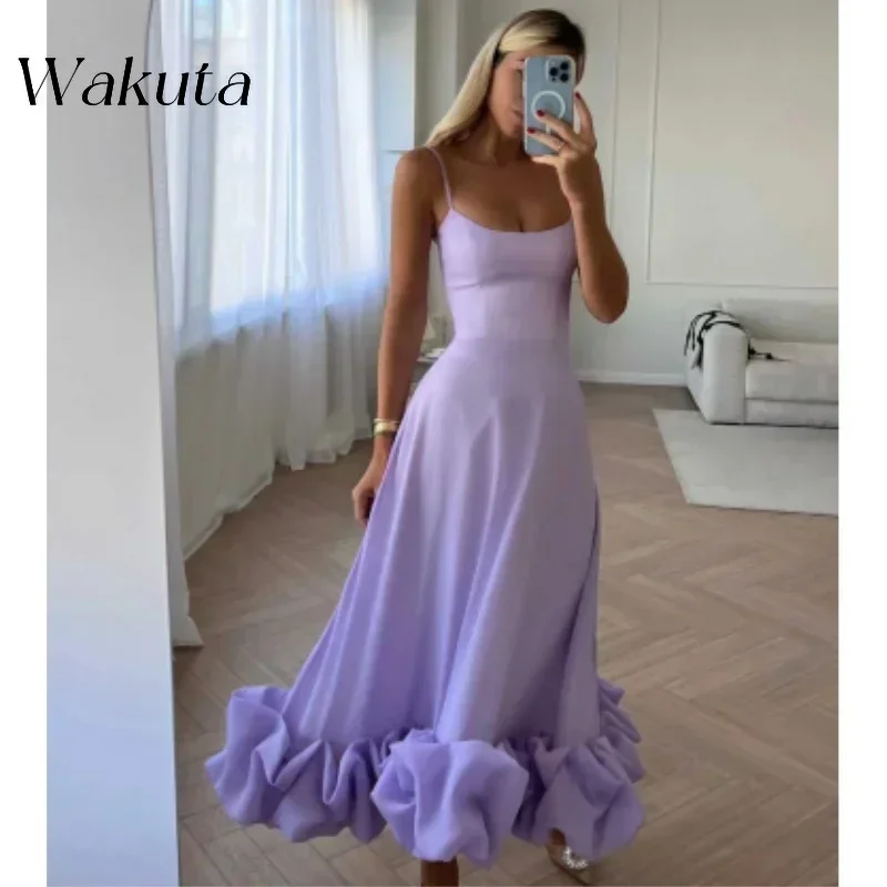 Wakuta Exquisite Square Collar Sleeveless Satin Dresses Ruffled Hem Formal Dinner Cocktail Party A-Line Vestidos De Graduaci&oacute;n