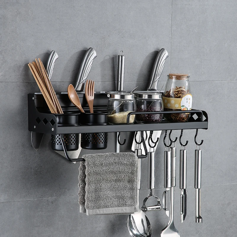 Wall Mounted Knife Holder Space Aluminium Shelf Kitchen Storage Rack Cutlery with Hook Kitchen Cabinet Organizer