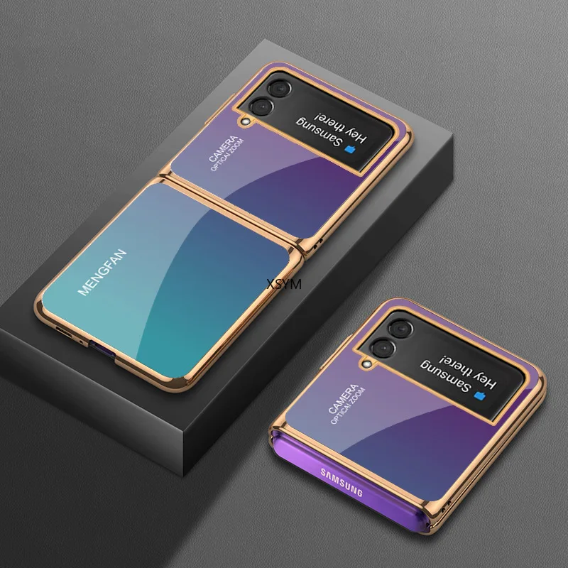 samsung flip phone cute Flip3 Luxury Galvanized Tempered Glass Case for Samsung Galaxy Z Flip3 Stylish Gradient Color Shockproof Hard Case Z Flip3 Case samsung silicone cover Cases For Samsung
