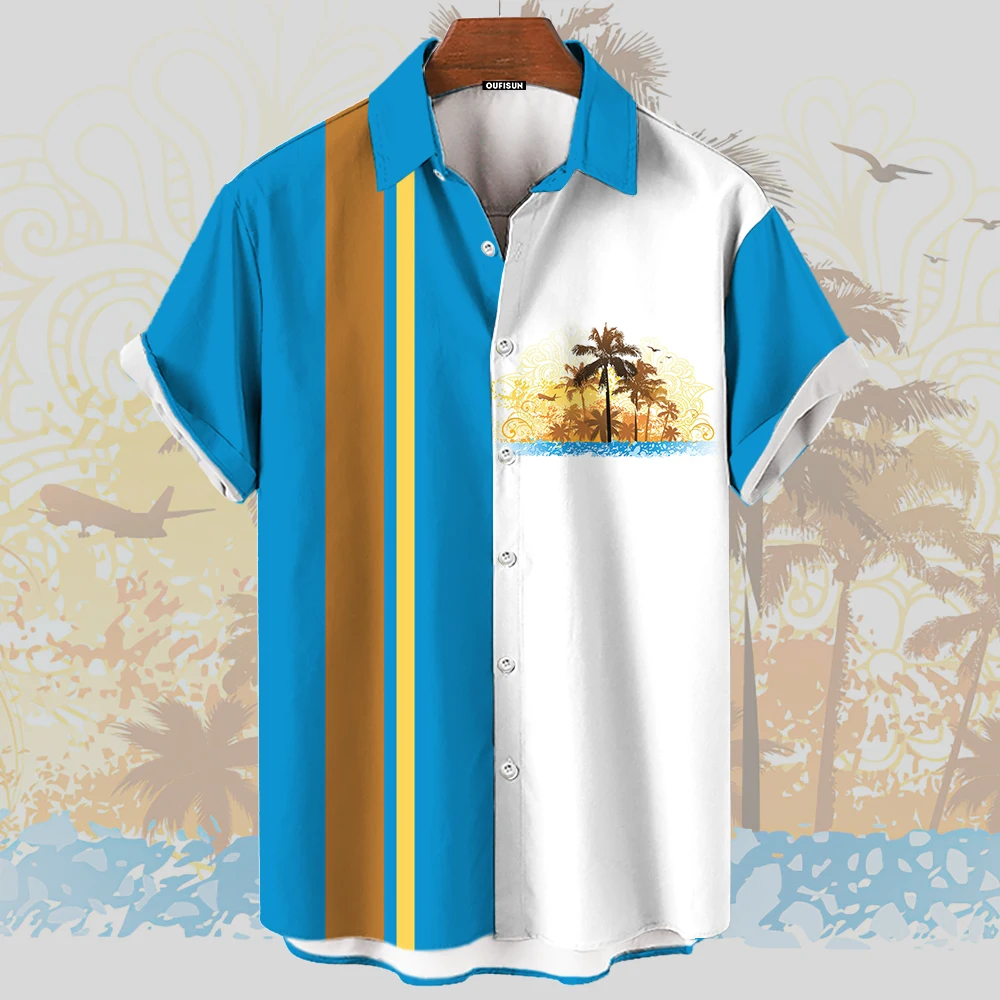 

Hawaii Shirt Mens Shirt Short Sleeve Tops Summer New 3d Coconut Tree Pattern Casual Plus Size Shirt Man Lapel Blouse