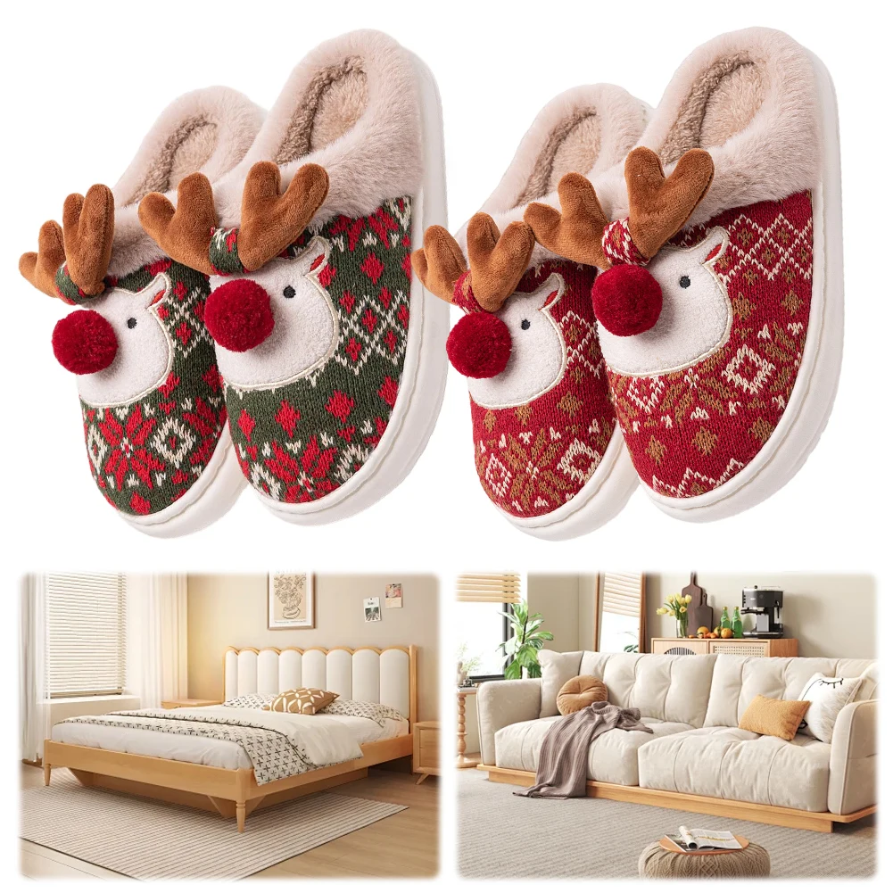 Plush Slippers Christmas Elk Fluffy Home Comfortable Furry Reindeer Anti Slip Cartoon