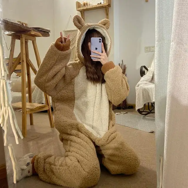 Cute Cartoon Coral Fleece Onesies Sleepwear Jumpsuit Pajama Winter Jumpsuit Pajama Hooded Nightwear Pijamas Suit Loose Home Wear