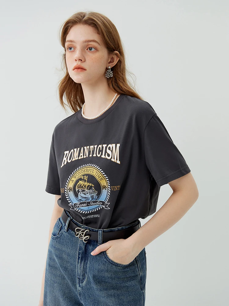 

FSLE American Retro Style 100% Cotton Short sleeved T-shirt for Female Autumn Chic Letters Printing All-match Top Tees Women
