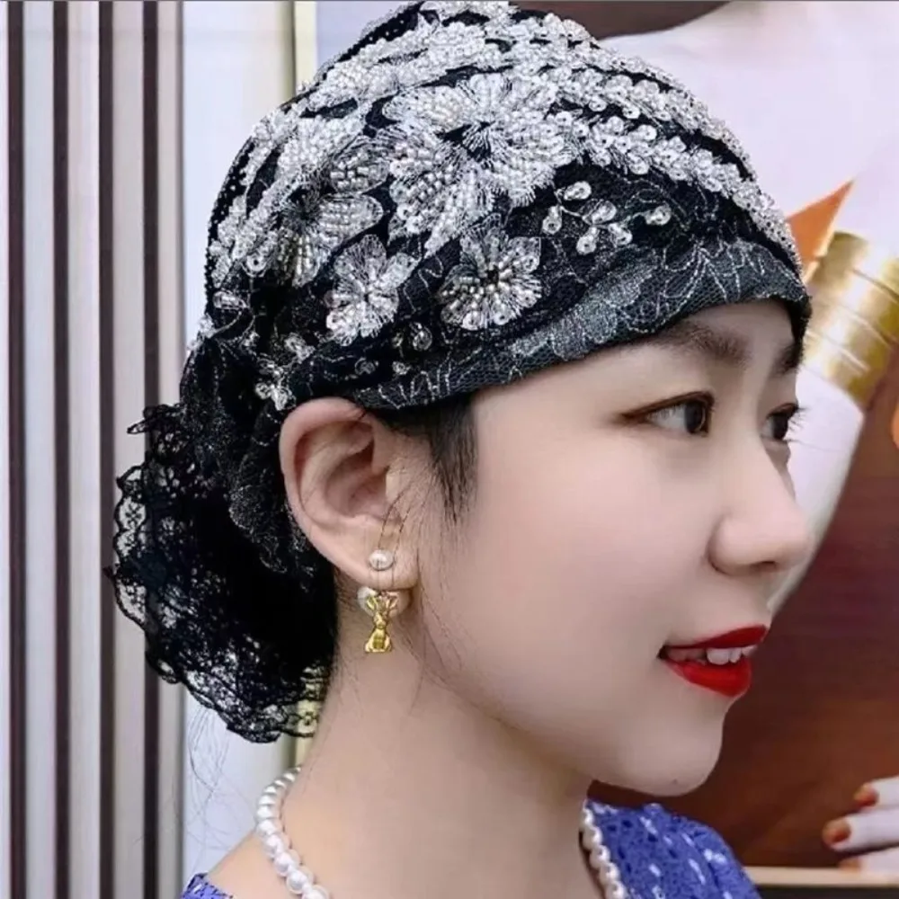 New Flower Embroidery Bonnet Hat Full Cover Elastic Headwear Cover White Hair Breathable Turban Hat Summer