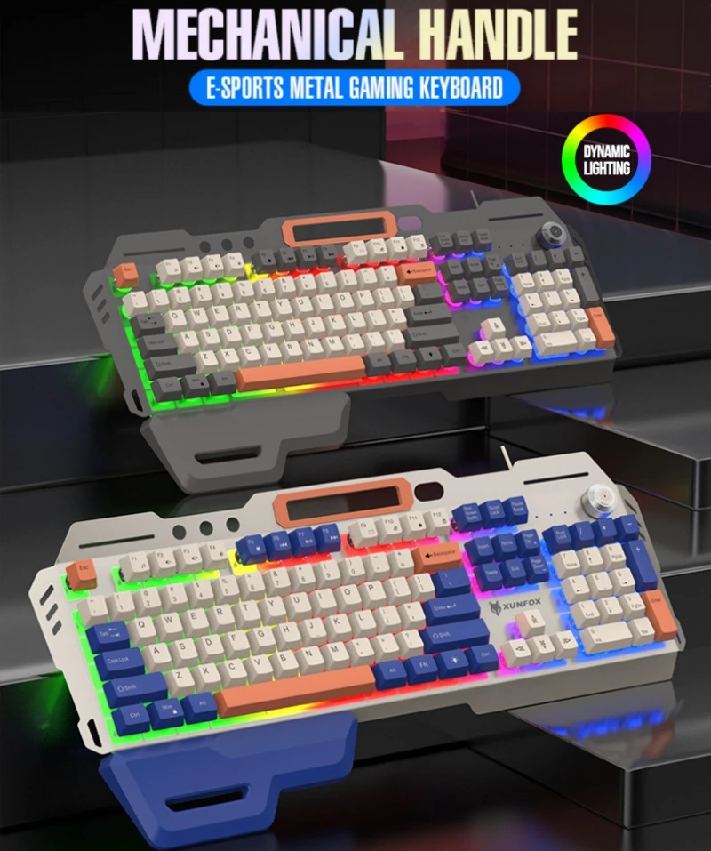 게이밍 키보드 스페인어 러시아어 아랍어 키보드 100% 레이아웃 RGB 백라이트 게이머 키보드 볼륨 노브 유선 K90 104키 손잡이