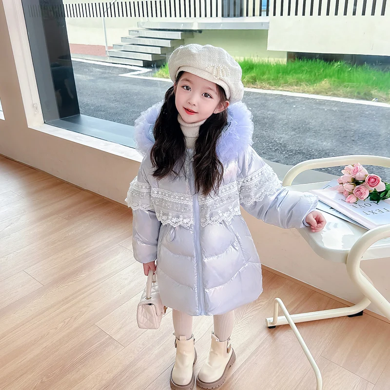 

2023 Autumn Winter Baby Girls White Duck Down Coats Children Hooded Jackets Kids Clothing Lace Princess Outdoor Outerwear 2-8Y