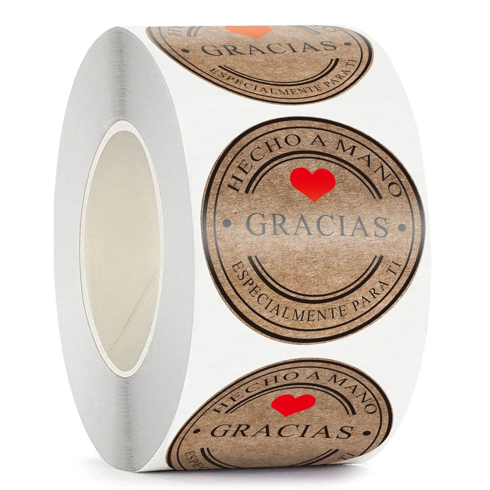Rollo de pegatinas de Papel Kraft para regalo, rollo de etiquetas adhesivas en español, Gracias, francés, 100-500 piezas
