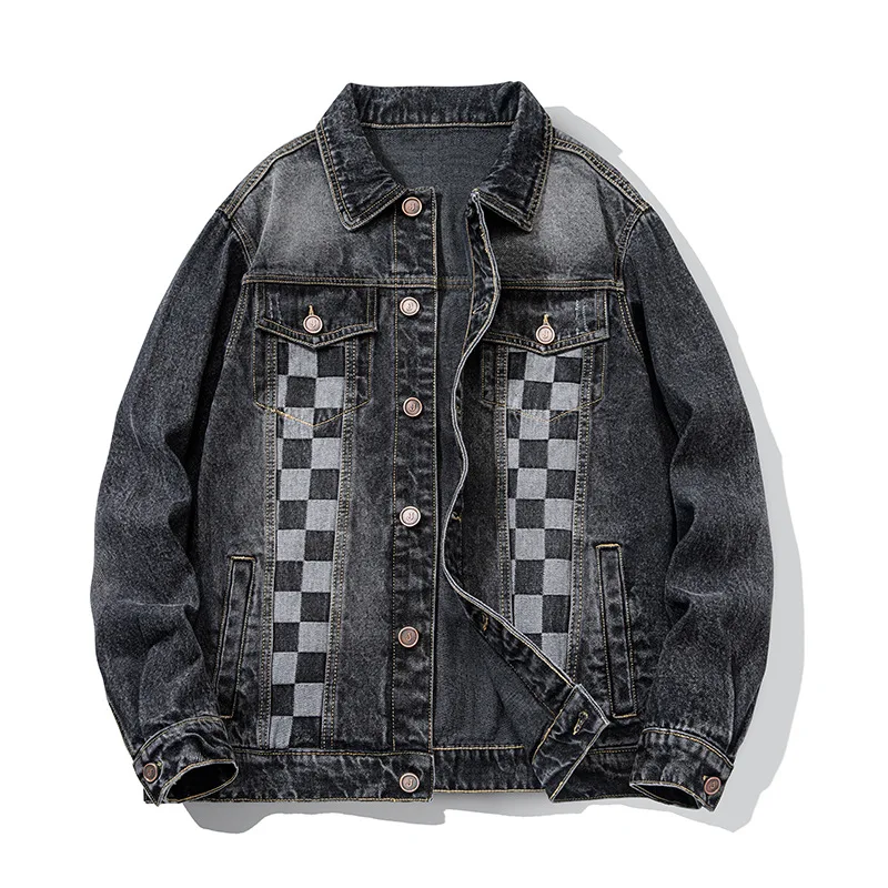 

Vintage Checkerboard Patchwork Blue Jeans Jacket Men Autumn Korean Long Sleeve Baggy Denim Jacket Teenager Male Black Outerwear