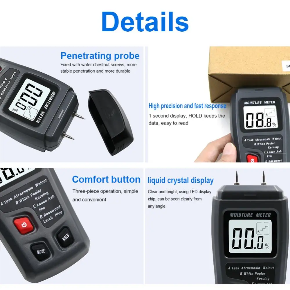 Wood Moisture Meter Moisture Meter 0-99.9% Two Pins Digital Wood Moisture Meter Wood Humidity Tester Hygrometer Timber Damp Detector LCD Display