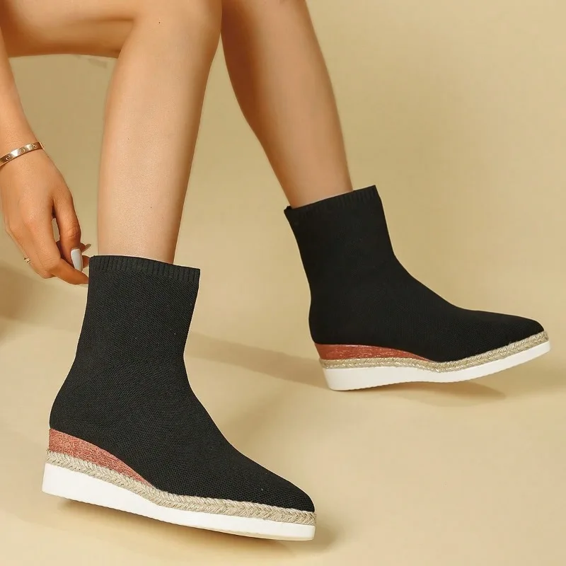 Wedge Sock Boots Fall 2025 New Pointed Toe Knit Breathable Platform Non-Slip Wear-Resistant Stretch Boots