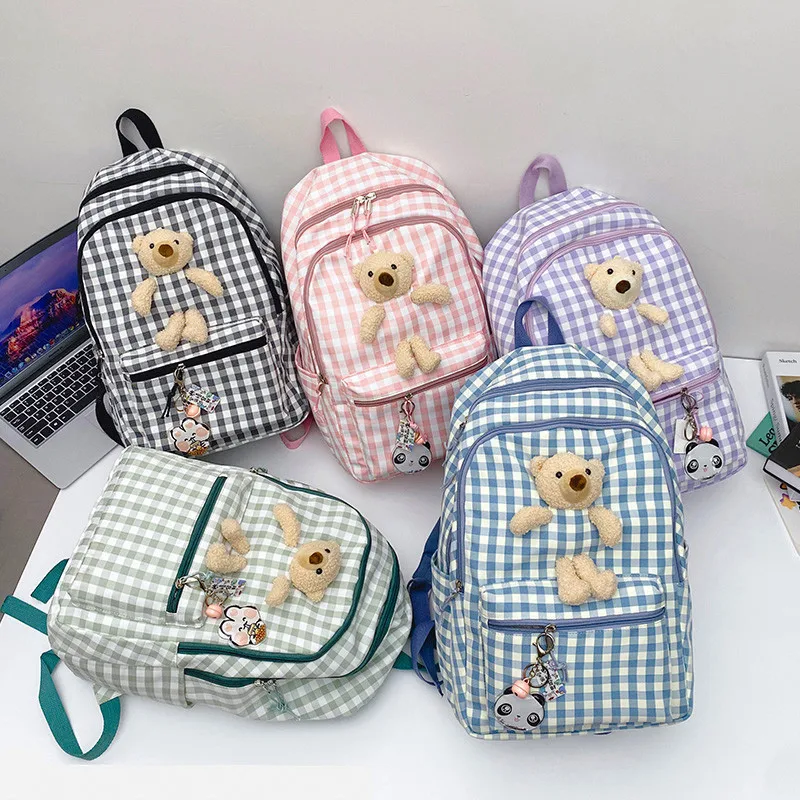 

Japanese Plaid Backpack Cute Bear Large Capacity College Students Casual Schoolbag Fashionable Teenage Girl Travel Bag