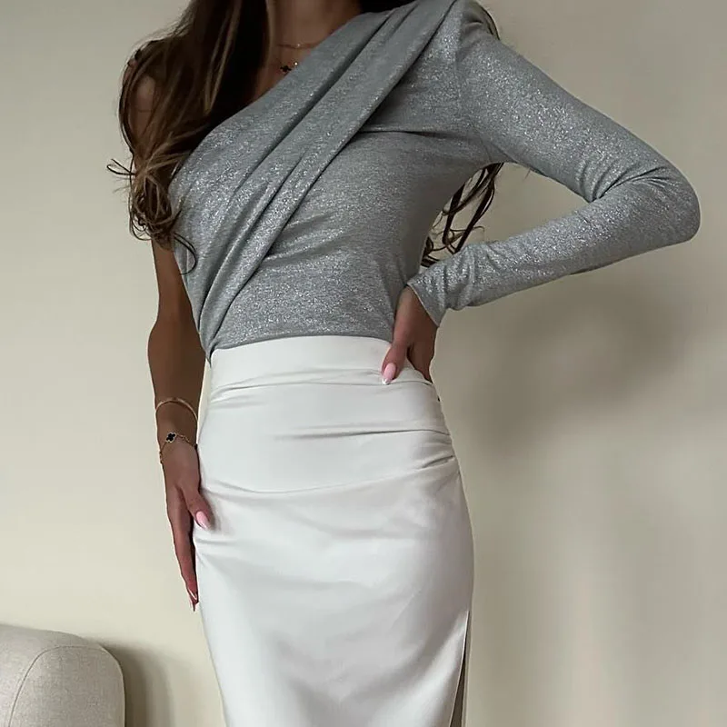 

Sexy Lady Diagonal Neck Draped Office Shirt Elegant One Shoulder Sleeve Solid Pullover Spring Summer Elastic Slim Asymmetric Top