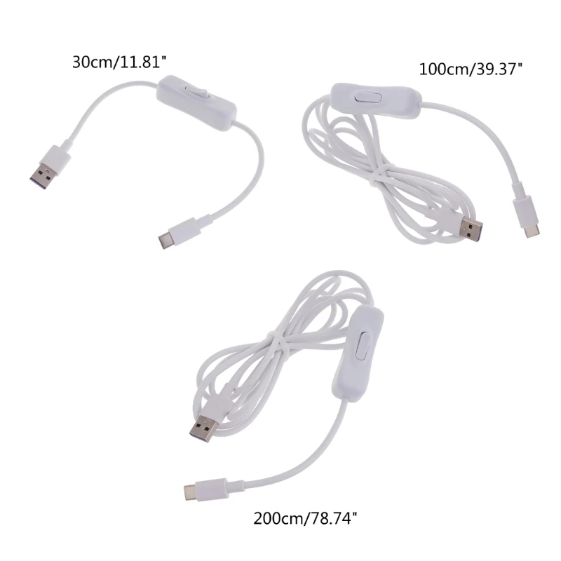 Type-C to USB Data Cable with Power Switch - Quick Charging & Data Sync, White, Multiple Lengths