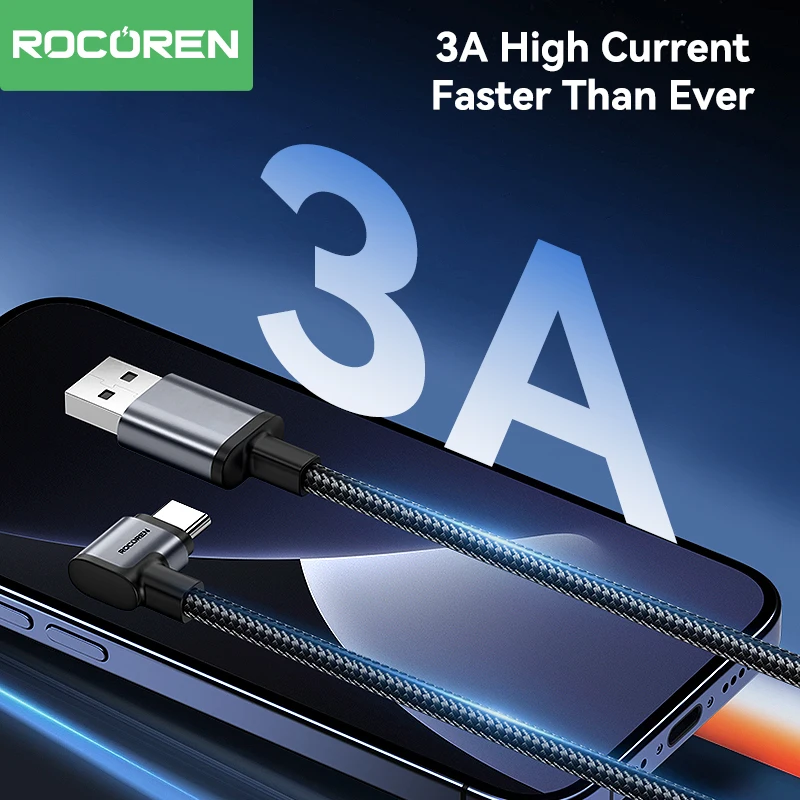Rocoren 3A 90 Degree USB Type C Cable QC 3.0 Fast Charging Wire For Mobile Phone Samsung Huawei Xiaomi Charging Elbow Data Cord Best Sellers In Phones Accessories