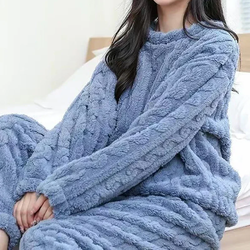 Autumn Women Solid Warm 2 Piece Sets Thicken Velvet Ribbed Fleece Pullover And Pants Casual Pajama Sets women pajamas set,women pajama suit