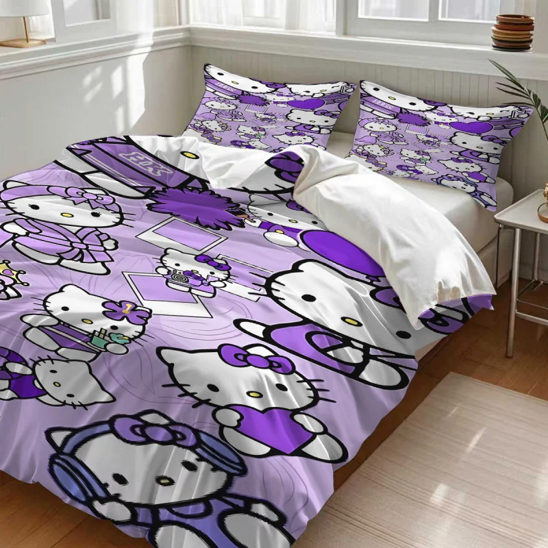Sanrio Hello Kitty Leopard Print Bedding Set 3pcs King Size Duvet Cover Set Cartoon Cute Bed Linen for Kids Girls Bedroom Decor 5