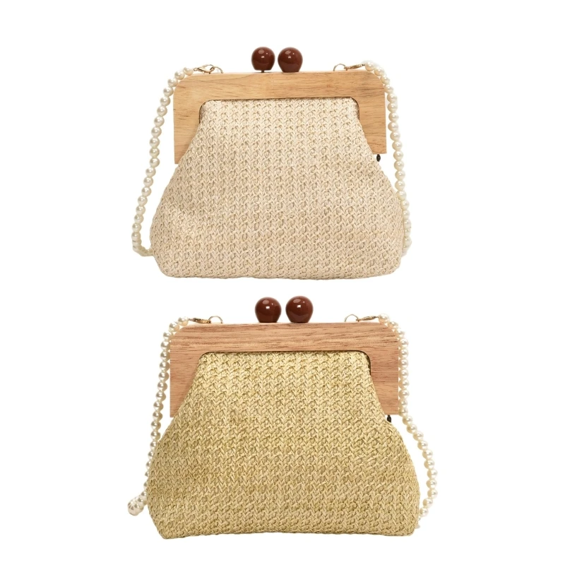 Women Woven Straw Clip Small Crossbody Bag Beach Purse with Pearl Chain