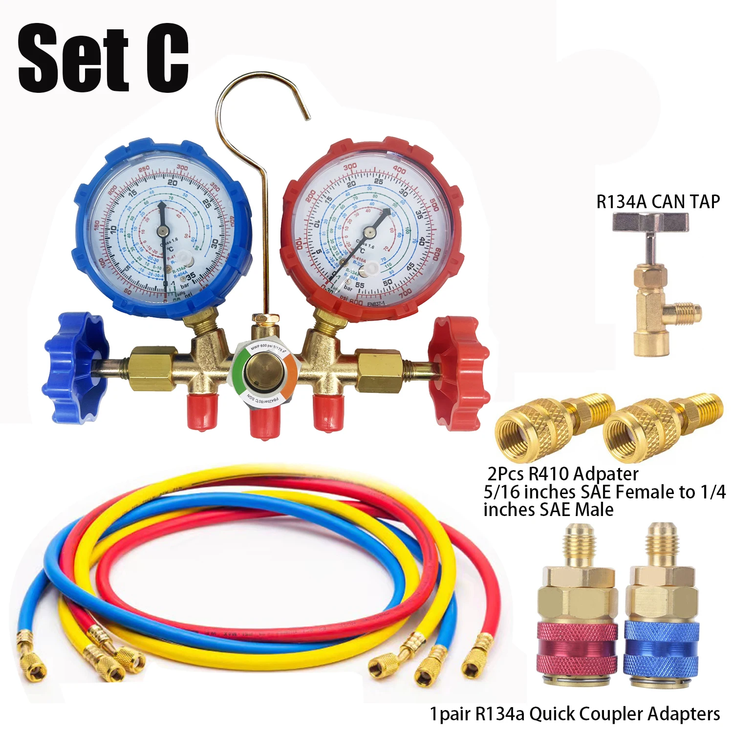 Description Picture 5 of item3 Way AC Manifold Gauge Set with Hoses Couplers & Adapter Refrigerant AC Gauges Automotive AC Gauge Set for R410A R32 R134a R404